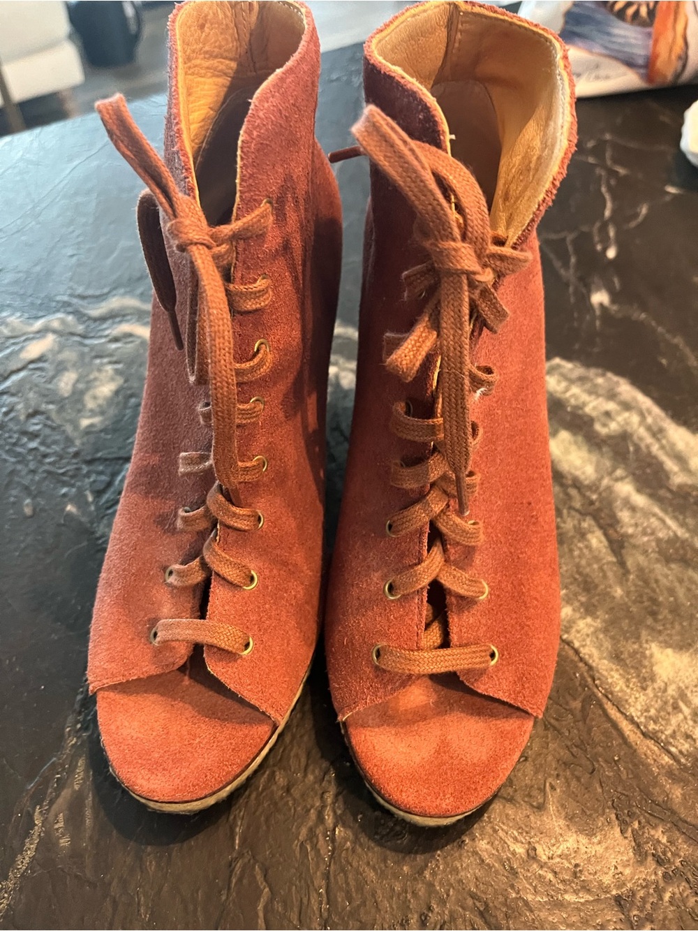 UGG Rust Suede Lace-Up Peep-Toe Ankle Boots